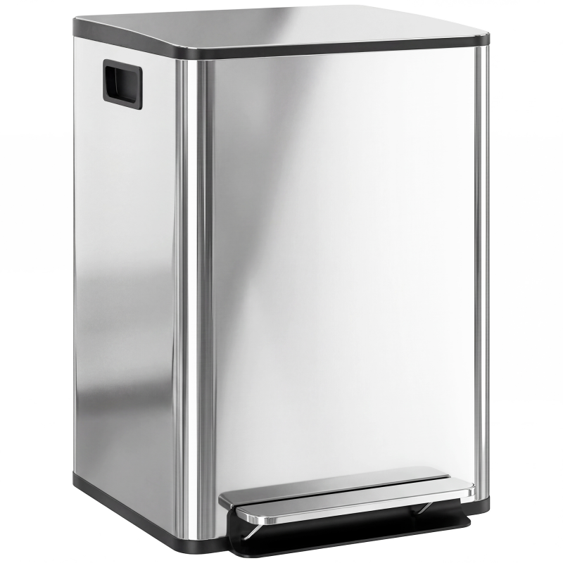 HOMCOM Mülleimer Küche 2x30 L Treteimer mit Softclose-Deckel Pedal Fingerabdruckfreie Edelstahl Mülltrennsystem mit 2 Fächer, recycelbare Abfälle, Abnehmbarer Inneneimer Silber, 47,7x37,5x66,8cm Aosom – Bild 1 von 2