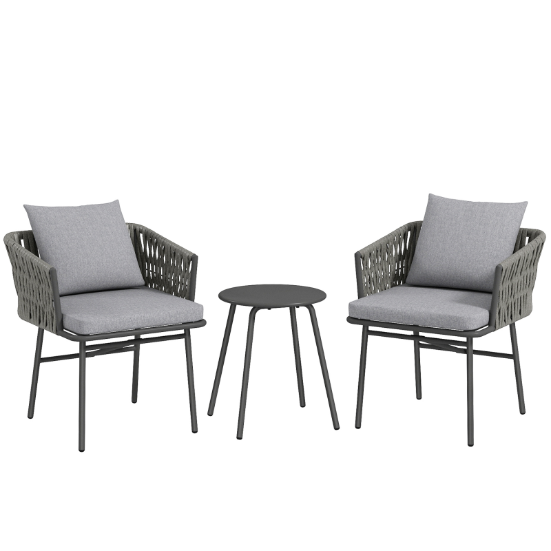 Outsunny 3-tlg. Rattan Bistroset, Sitzgruppe, Gartengarnitur mit 2 Gartensesseln, Couchtisch, abnehmbar Kissen, Balkonmöbel-Set für Garten, Terrasse, Stahl, Grau Aosom – Bild 1 von 2