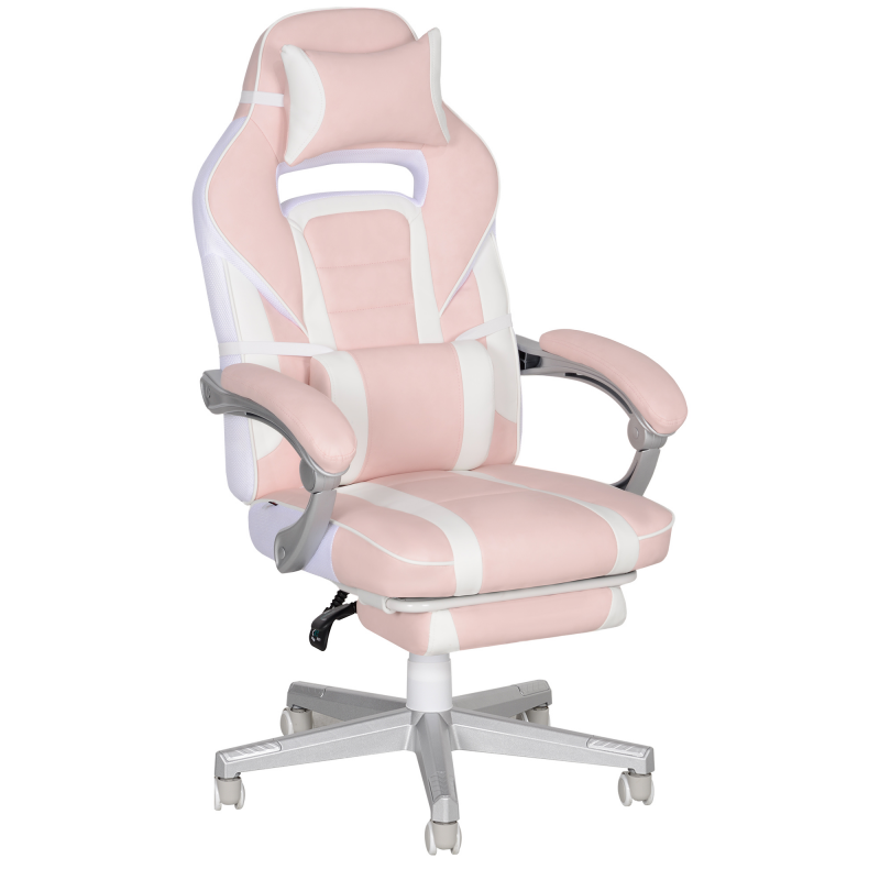 HOMCOM Gamingstuhl mit Fußstütze, höhenverstellbar Schreibtischstuhl mit Kopf- und Lendenkissen, drehbar Gaming Sessel mit neigbare Rückenlehne, Kunstleder, bis 120 kg, Rosa Aosom – Bild 1 von 2