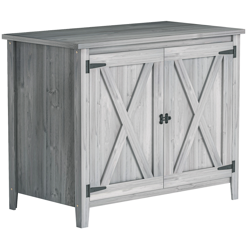 Outsunny Gartenschrank Holz, Geräteschuppen wetterfest 110x60x88,5cm, Gerätehaus mit Tür, Faltdach, Ablagen, Geräteschrank, Gartenhaus Werkzeugschrank Gartenschuppen für Terrasse Hinterhof, Hellgrau Aosom – Bild 1 von 2