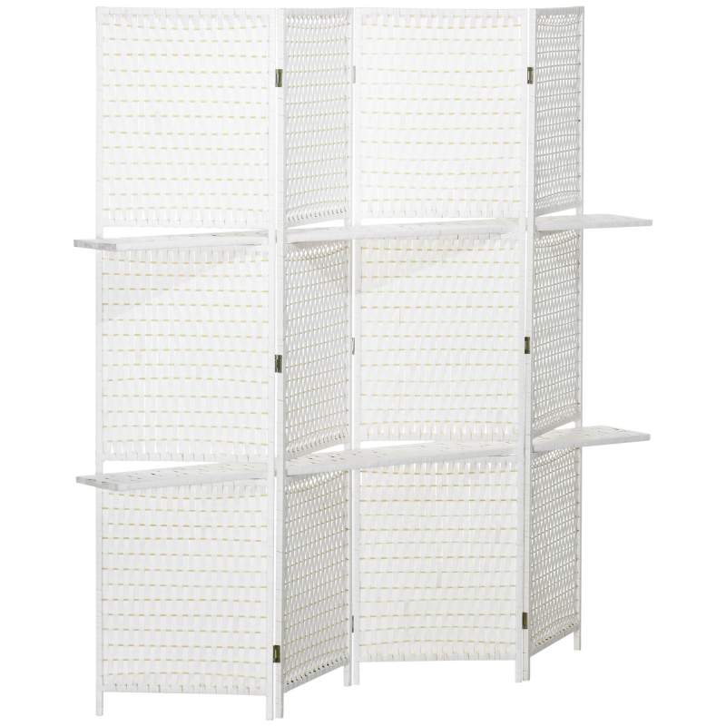 HOMCOM Paravent 4-teilig 181 x 180 cm Raumteiler Faltbar Trennwand Sichtschutz aus Kiefernholz, Bambus mit 2 Regalen, Freistehend Raumtrenner für Schlafzimmer, Wohnzimmer, Büro, Weiß Aosom – Bild 1 von 2