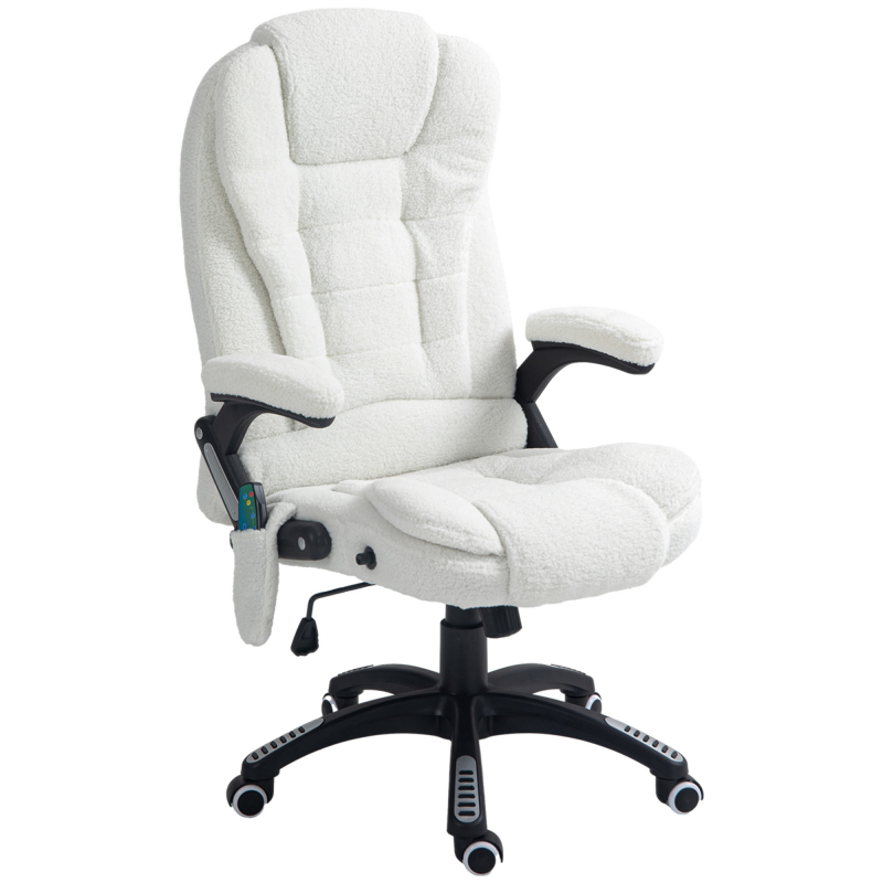 Vinsetto Massage-Bürostuhl, 67x74x107-116cm, höhenverstellbar, mit Wippfunktion, Heizfunktion, Liegefunktion, Fußstütze, Teddysamt, Weiß Aosom – Bild 1 von 2