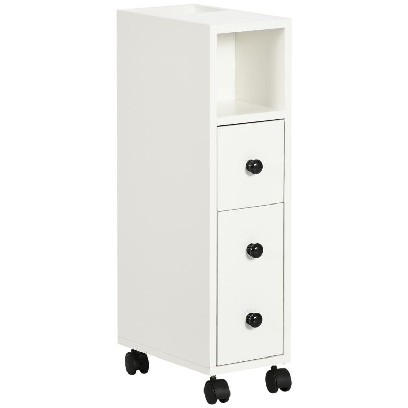 kleankin Badschrank Badezimmerschrank Badregal Kommode Standschrank zwei Schubfächer offenes Fach vier Räder Spanplatte Weiß 18x30x68,5 cm Aosom – Bild 1 von 2