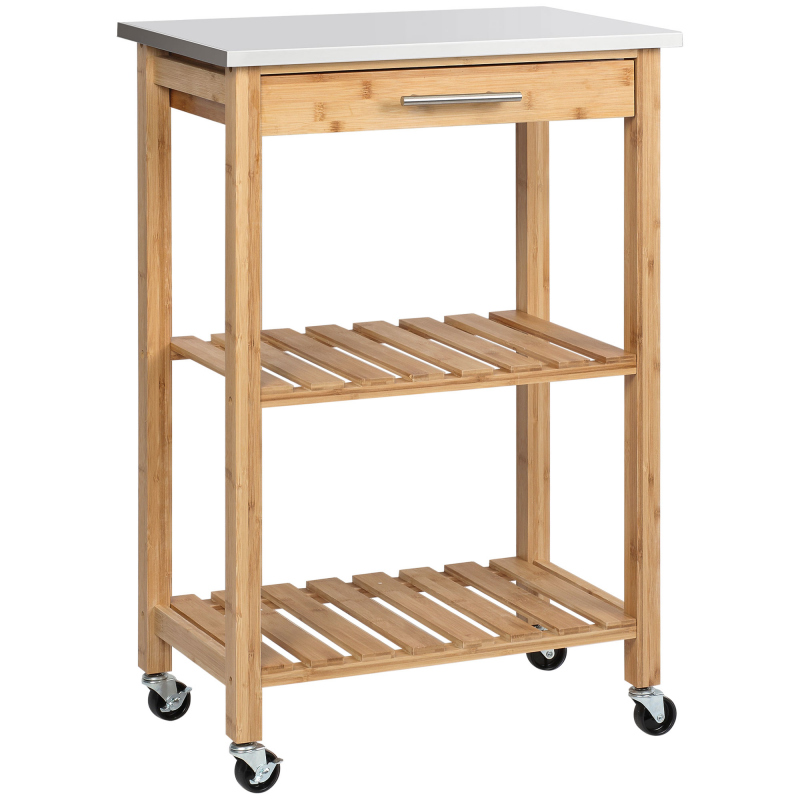 HOMCOM Bambus-Küchenwagen, platzsparender Küchenwagen mit Edelstahlplatte, Schublade und Lattenregalen, Obst- und Gemüsewagen, für Wohnzimmer, natur Aosom – Bild 1 von 2
