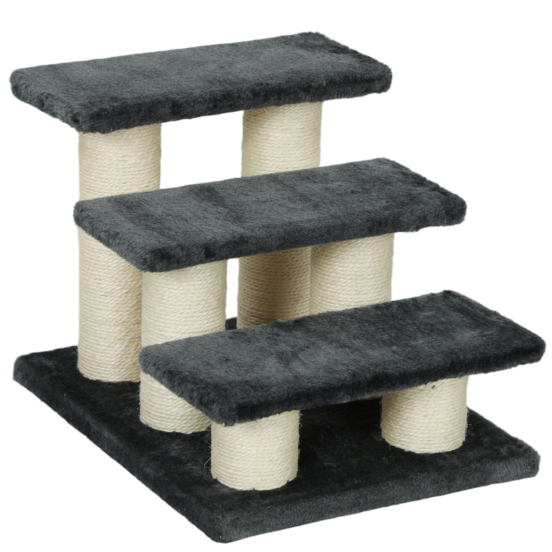 PawHut Tiertreppe für Katzen und Hunde 3-Stufen Hundetreppe Katzentreppe Plüsch Dunkelgrau 45x35x34cm für einfaches Ein- und Aussteigen Aosom.de – Bild 1 von 2