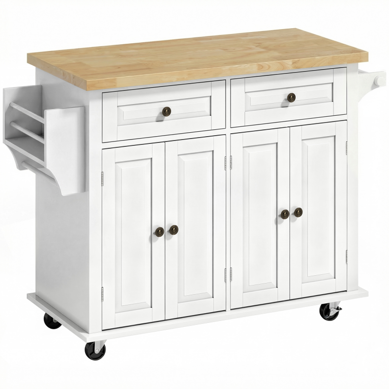 HOMCOM Küchenschrank Küchenregal mit Rollen Schublade und verstellbares Regal Gummiholz MDF Spanplatte Weiß 111 x 44,5 x 82,5 cm Aosom – Bild 1 von 2