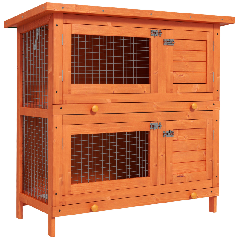 PawHut Kleintierstall Zwergkaninchenstall mit Asphaltdach Kleintierhaus doppelstöckig Tierstall Outdoor wetterbeständig Tannenholz Gelb 90x45x90cm Aosom – Bild 1 von 2