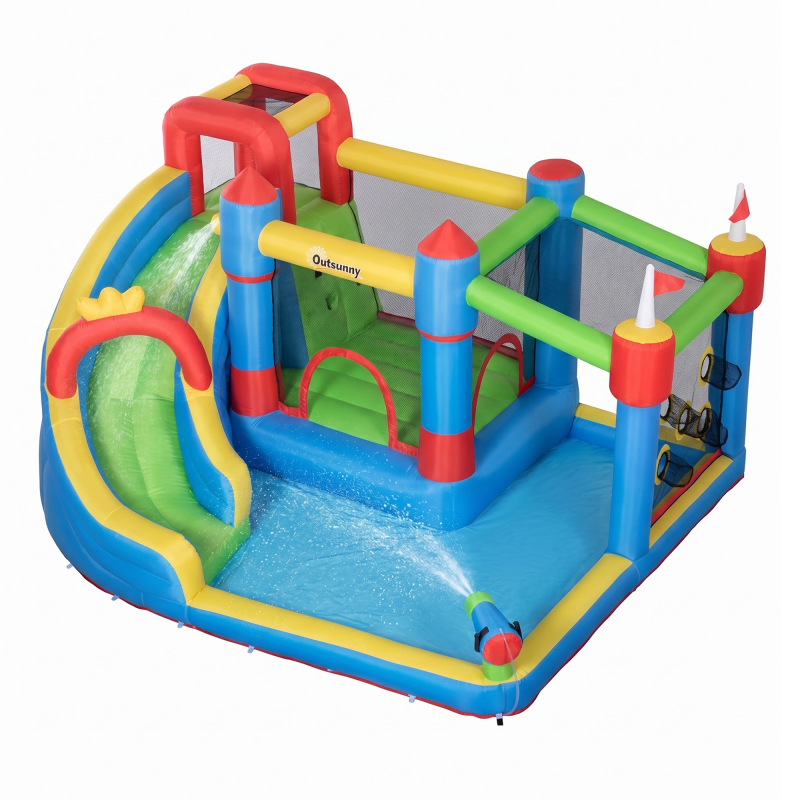 Outsunny Hüpfburg mit Gebläse für Kinder aufblasbare 6 in 1 Wasserpark mit Wasserrutsche Planschbecken Kletterwand Trampolin Wasserpistole für Indoor Outdoor Geschenk Geburtstag für 3 Kinder 3–8 Jahre Aosom – Bild 1 von 2
