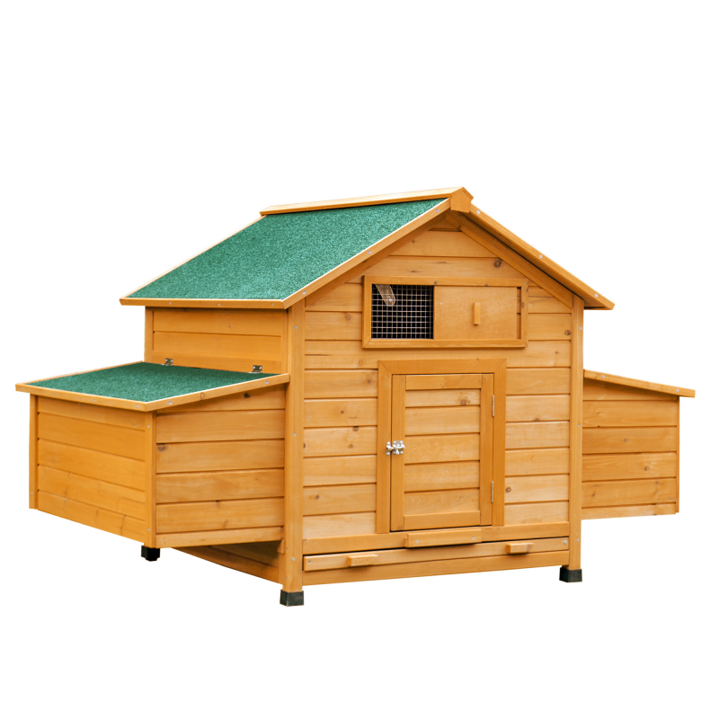 PawHut Hühnerstall Hühnerhaus aus Holz 150x100x96,5 cm, Freilaufgehege mit Asphaltdach, Nistkasten, Tablett, Tür, Rampe, Hühnergehege für 2-4 Hühner, für Garten, Gelb Aosom – Bild 1 von 2