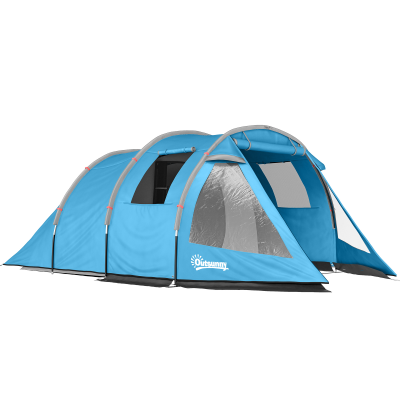 Outsunny Tunnelzelt 4-Personen Campingzelt mit 2 Räumen, UV-Schutz, Fenster, Tragetasche, 2000mm Wassersäule, Blau Aosom – Bild 1 von 2