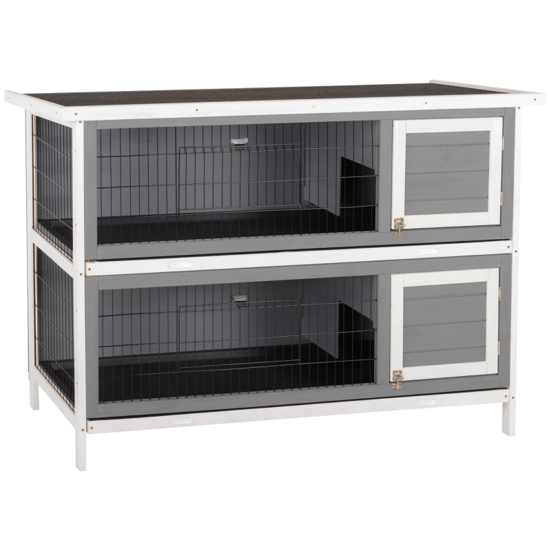 PawHut Hasenstall 2 Ebenen Kaninchenstall aus Vollholz Winterfest Doppelstockhaus mit Bodenwannen 136,4 x 50 x 93 cm Kaninchenkäfig Kleintierstall für Kleintiere Kaninchen Indoor Outdoor Grau Aosom – Bild 1 von 2