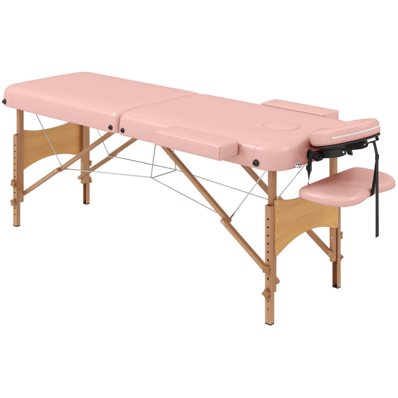 HOMCOM Klappbare Massageliege, professionelle tragbare Liege mit höhenverstellbarer Funktion und Tragetasche, Holzgestell, Rosa Aosom – Bild 1 von 2