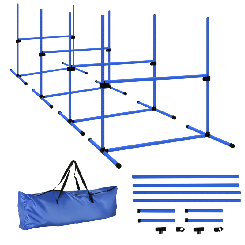 PawHut Agility-Set für Hunde 4-teilig 99x65x94 cm höhenverstellbar mit 2 Hürdenstangen 2 Slalomstangen & 4 Bodenstangen aus Kunststoff Blau Aosom.de – Bild 1 von 2