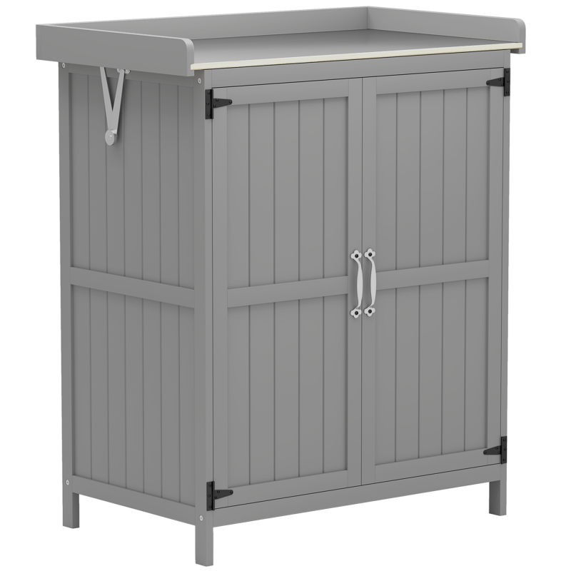 Outsunny Gartenschrank Holz, Geräteschuppen wetterfest 74x43x88cm, Gerätehaus mit Klappdach Ablagen, Arbeitsfläche, Geräteschrank, Gartenhaus Werkzeugschrank Gartenschuppen für Garten, Terrasse, Grau Aosom – Bild 1 von 2