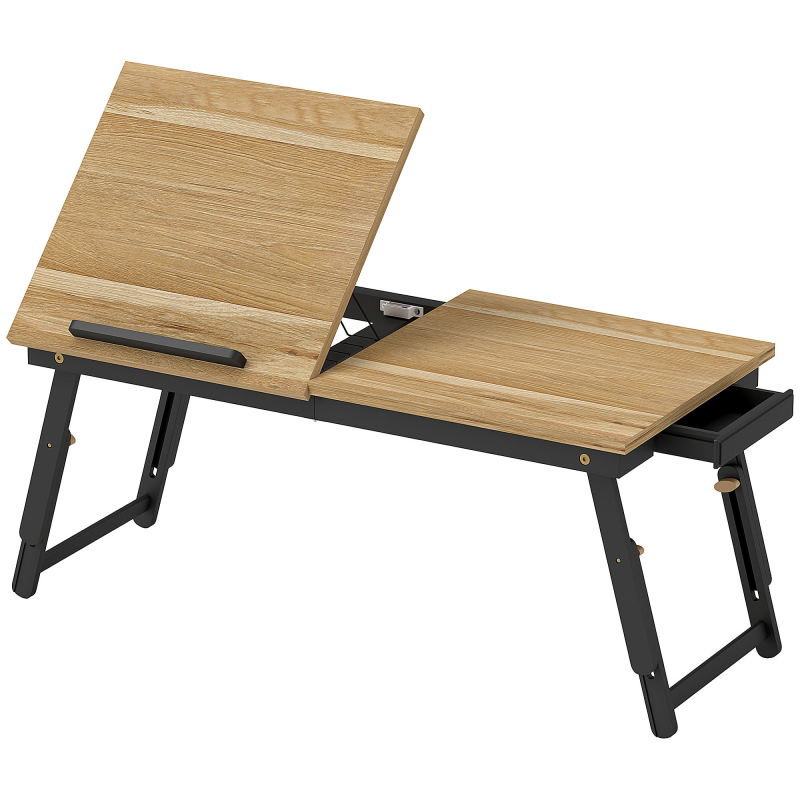 HOMCOM Betttisch, Laptoptisch Höhenverstellbar mit Schublade, Klappbar Laptopständer für Sofa Arbeiten Bett Studieren, 83,5 x 33 x 23,5-34 cm, Eiche Aosom – Bild 1 von 2