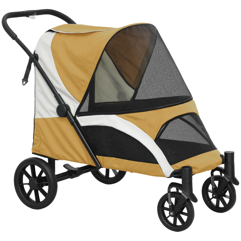 PawHut Hundewagen Hundebuggy klappbar für große Hunde & Katzen bis 30 kg Katzenbuggy mit Kissen Netzfenstern Türen Aufbewahrungstasche Katzenwagen mit Sicherheitsleinen, Bremsen, Buggy Braun Aosom – Bild 1 von 2