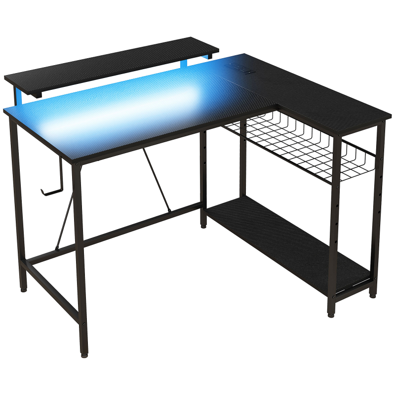 HOMCOM Schreibtisch L Form mit LED, Steckdosen, USB, Computertisch mit Regal Monitorständer & Haken Reversible Gaming Tisch Eckschreibtisch mit verstellbarem Korb für Büro, 107 x 80 x 90 cm, Schwarz Aosom – Bild 1 von 2