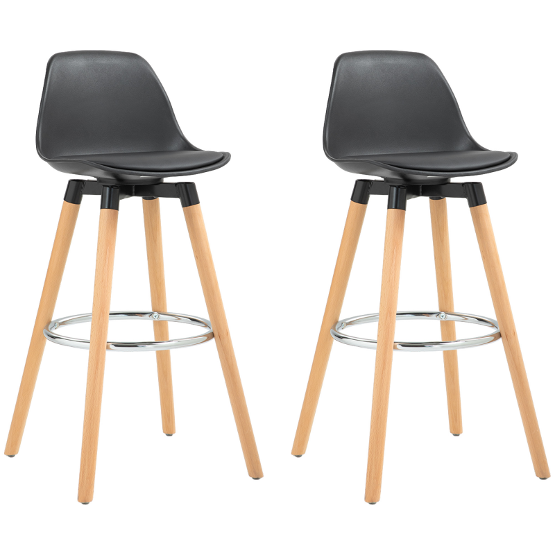 HOMCOM Barhocker 2er Set, Gepolstert Barstuhl mit Holzbeine und Rückenlehne, Küchenstühle mit Fußstütze aus Stahl, Tresenhocker für Küche, Wohnzimmer, Esszimmer, Kunstleder, Schwarz Aosom – Bild 1 von 2