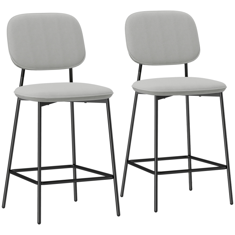 HOMCOM 2er-Set Barhocker, Bistrohocker mit Fußstütze, Barstuhl, Samt-Bezug, Küchenstuhl, Tresenhocker-Set mit Stahlbeinen für Wohnzimmer, Esszimmer, Hellgrau, 45 x 49 x 102 cm Aosom – Bild 1 von 2