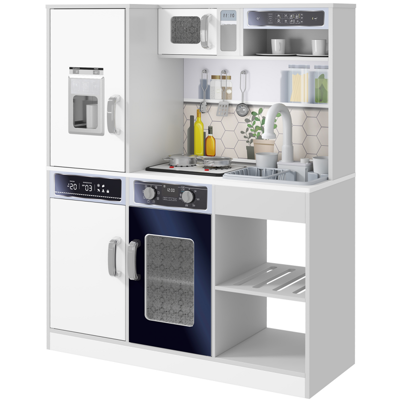 AIYAPLAY Kinderküche Spielküche mit Lichtern und Geräuschen Kochherd, fließendes Wasser, Kaffeemaschine, Kühlschrank, Mikrowelle, Eiswürfelmaschine, Küchenzubehör für 3-8 Jahre Kinder, Weiß Aosom – Bild 1 von 2