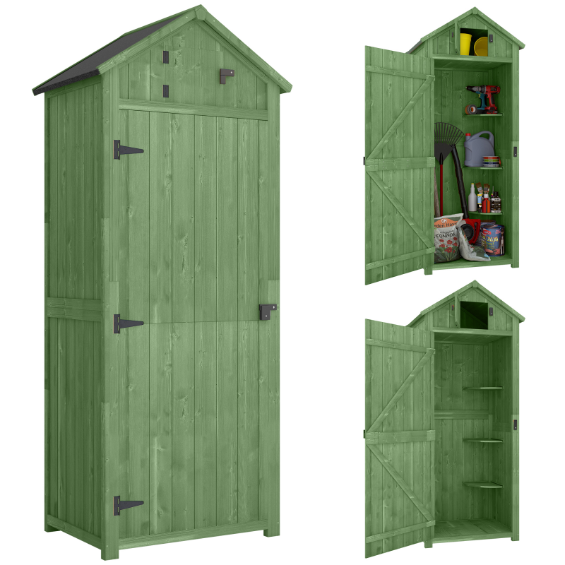 Outsunny Gartenschrank Holz Geräteschuppen mit 3 abnehmbar Ablage abschließbar Tür Asphalt-Satteldach Fenster, 77 x 54,2 x 179 cm erhöhter Geräteschrank Gerätehaus für Garten Terrasse Grün Aosom – Bild 1 von 2