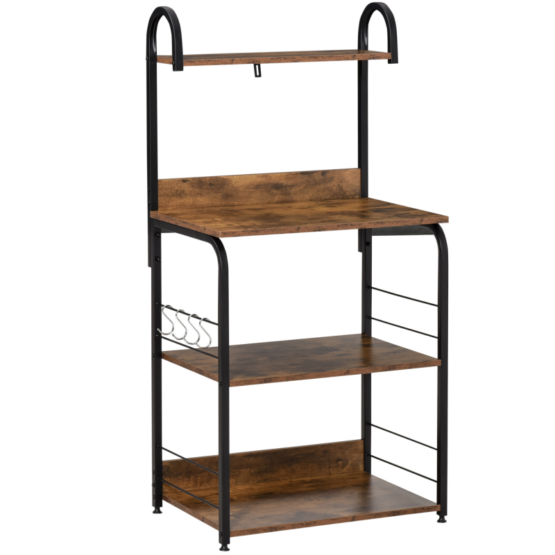 HOMCOM Küchenregal, Standregal mit 3 Ablagen, 4 Haken, Mikrowellenregal, Bäckerregal mit Stahlrahmen für Küche Esszimmer, Rustikal-Braun, 60 x 40 x 125 cm Aosom – Bild 1 von 2