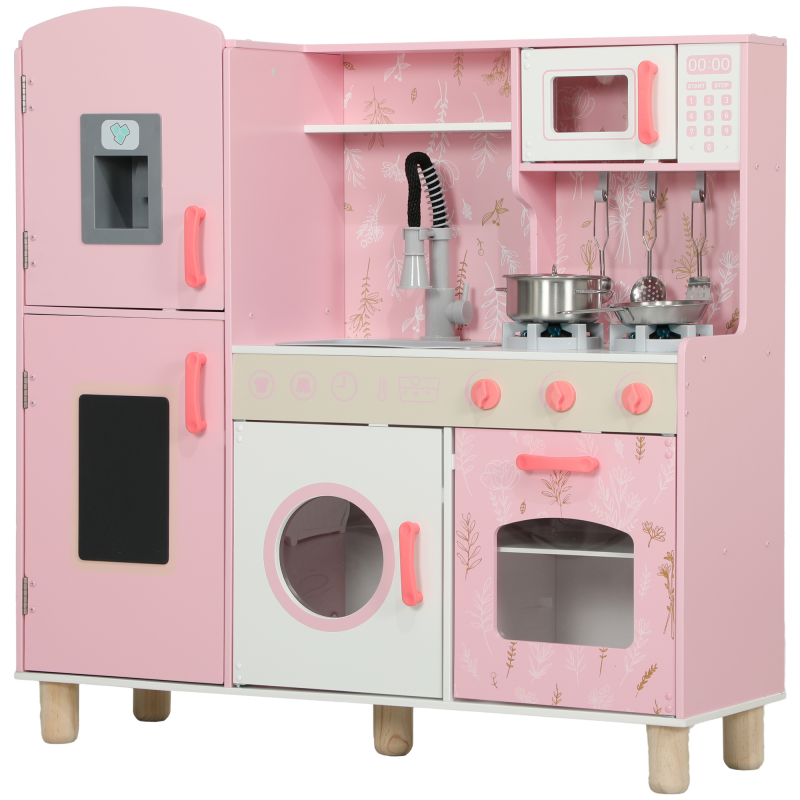 AIYAPLAY Kinderspielküche, Holzspielküche mit Herdplatten, Licht und Sound, Backofen, Mikrowelle, Eismaschine, Waschmaschine, Wasserhahn, Spüle und Zubehör, ab 3 Jahren, Rosa Aosom – Bild 1 von 2