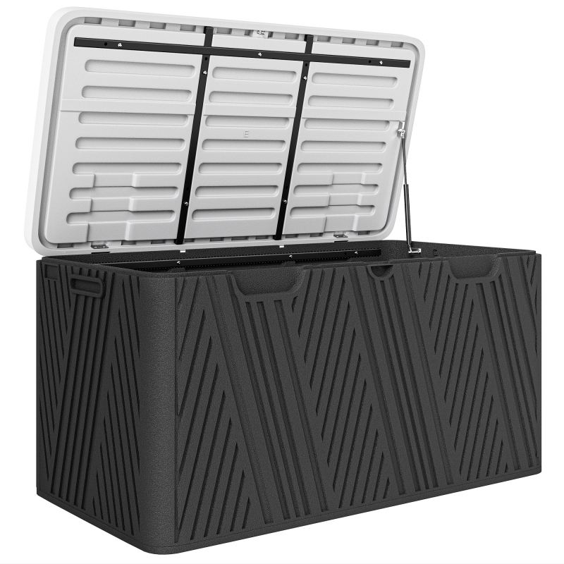 Outsunny Aufbewahrungsbank 380 L aus HDPE mit Gasfederdeckel und 2 seitlichen Griffen, wasserdichte Außenkiste, UV-Schutz, 115x60x60 cm, Schwarz und Grau Aosom – Bild 1 von 2