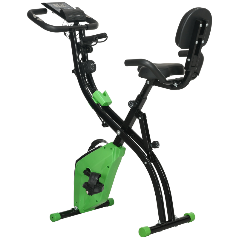 HOMCOM Klapp-Fitnessbike 2-in-1, 8-stufiger Magnetwiderstand, leiser Heimtrainer mit Pulssensor, verstellbarer Sitz, Widerstandsbänder, LCD-Display, Rollen, Grün Aosom – Bild 1 von 2