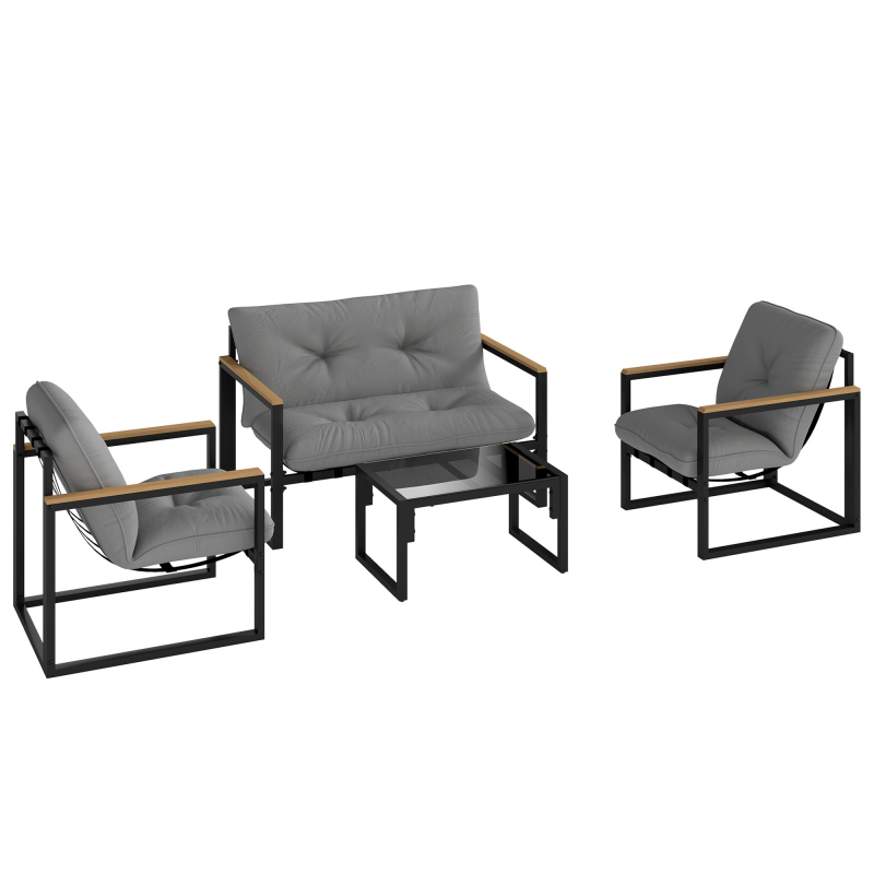 Outsunny Gartenlounge für 4 Personen, 4-teilig mit Sofa, 2 Sesseln und Couchtisch mit gehärteter Glasplatte, Kissen inklusive, Gartenmöbel für Balkon, Terrasse, Garten, grau Aosom – Bild 1 von 2