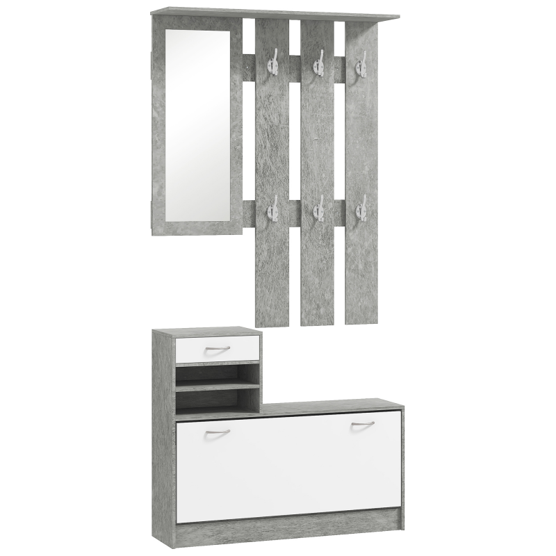 HOMCOM Modernes Set Eingangsmöbel mit Schuhschrank und Spiegel, Garderobe mit 6 Haken, 2 verstellbaren Ablagen und Holzschubladen für Flur, Weiß und Hellgrau Aosom – Bild 1 von 2