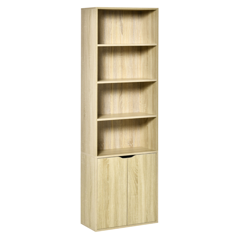HOMCOM 6-stufiges Bücherregal, Aufbewahrungsmöbel, Bücherregal 59 x 29 x 180 cm mit 4 offenen Fächern und 2 Türen, Aufbewahrungsregal für Wohnzimmer, Schlafzimmer, Büro, Naturholz Aosom – Bild 1 von 2