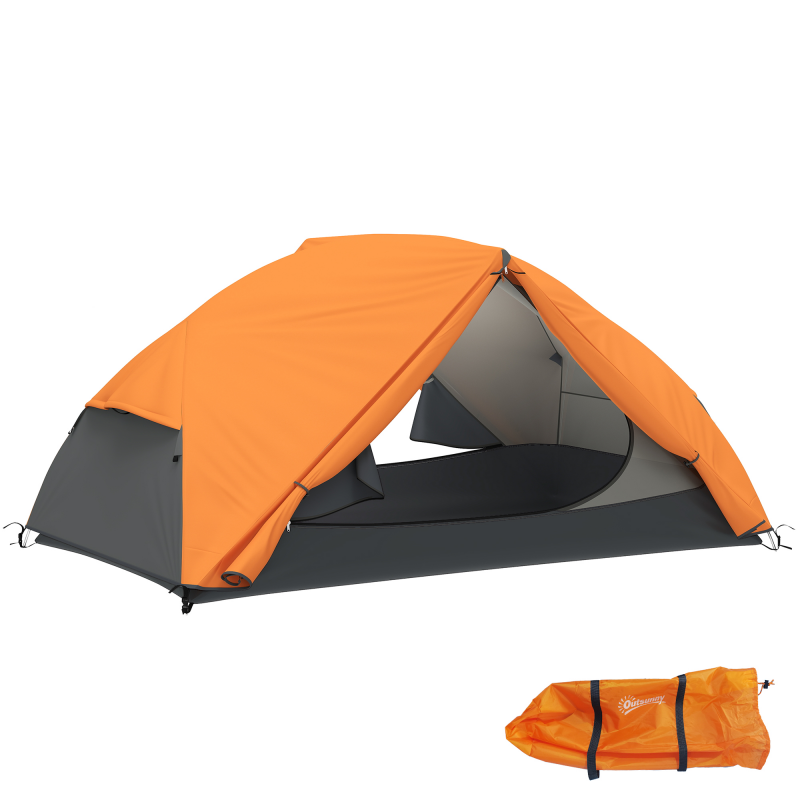Outsunny Campingzelt für 2 Personen mit 2 Vorzelten, wasserdichtes Kuppelzelt mit 2 Türen, 2 Netzfenstern, Innentaschen und Tragetasche für Trekking, 280x225x110 cm, Orange Aosom – Bild 1 von 2