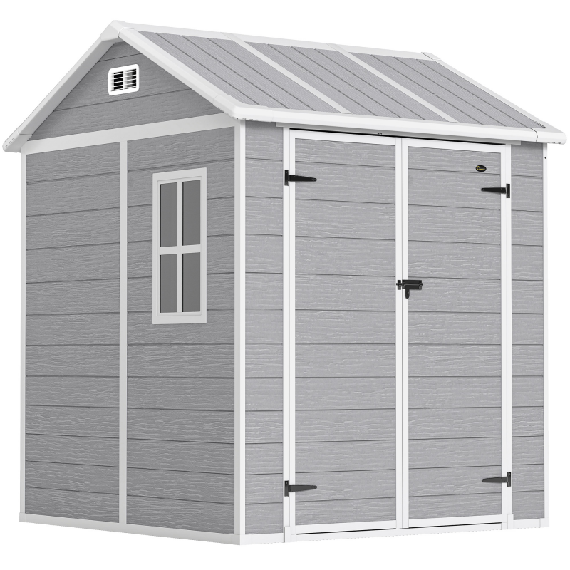 Outsunny Gerätehaus 2,91m² 181 x 181 x 220 cm Geräteschuppen mit Satteldach Boden Abschließbarer Tür wetterfest Gartenhaus mit Fenster Outdoor Garten Schuppen für Hinterhof Außenbereich Grau Aosom – Bild 1 von 2