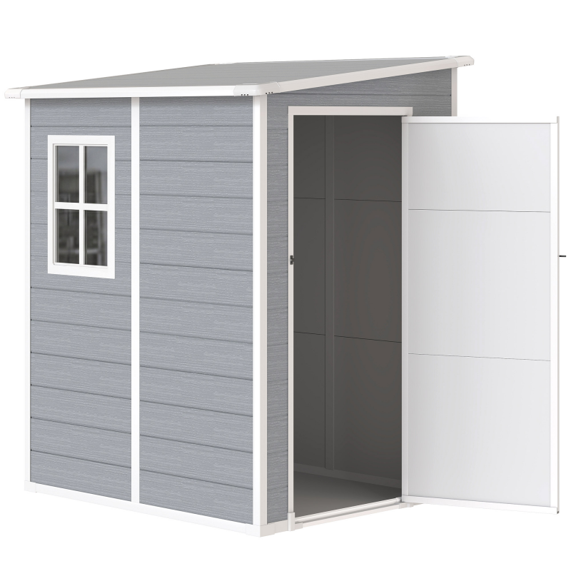 Outsunny Gerätehaus 1,54m³, Gartenhaus mit Pultdach, 122 x 149 x 192/177 cm, Geräteschuppen mit Abschließbar Tür, Fenster, Fahrradgarage, Gartenschrank aus Aluminium, für Hinterhof, Garten, Grau Aosom – Bild 1 von 2