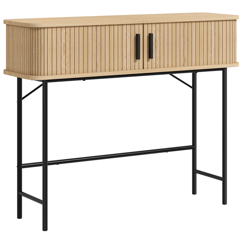 HOMCOM Konsole, Konsolentisch, Eingangstisch mit Lamellen-Schiebetüren und Stahlbeinen, Sofa-Endtisch für Wohnzimmer, Eiche und Schwarz Aosom – Bild 1 von 2