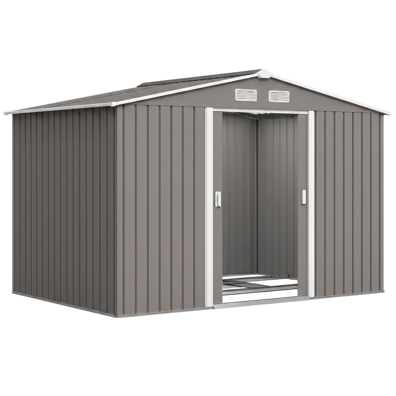 Outsunny Metall Gerätehaus Gartenhaus mit Fundament, wetterfest, Grau, 277x195x192cm, ideal für Garten & Werkzeugaufbewahrung Aosom.de – Bild 1 von 2