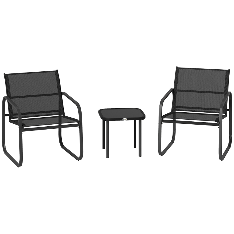 Outsunny 3-teiliges Bistro-Garten-Set, 2-Personen Gartenlounge mit 2 Textilene-Stühlen und Niedrigtisch mit Einscheibensicherheitsglas, für Terrasse, Balkon, Veranda, schwarz Aosom – Bild 1 von 2