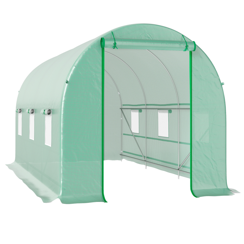 Outsunny Tunnel-Gewächshaus 8 m², Tunnelgewächshaus 400 x 200 x 200 cm mit Tür und 6 Fenstern, für Außenbereich, ganzjährig, Gemüse, Obst, Blumen, PE-Abdeckung 140 g/m², grün Aosom – Bild 1 von 2