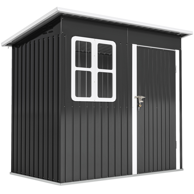 Outsunny Gerätehaus 2,55m², Gartenhaus mit Pultdach, 221 x 133 x 190/173 cm, Geräteschuppen mit Abschließbar Tür, Fenster, Fahrradgarage, Gartenschrank aus Stahl, für Hinterhof, Garten, Dunkelgrau Aosom – Bild 1 von 2