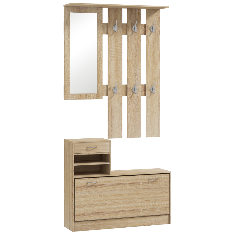 HOMCOM Modernes Flurmöbel-Set mit Schuhschrank und Spiegel, Garderobe für den Eingangsbereich mit 6 Haken, 2 verstellbaren Ablagen und Schubladen, Holz, Eiche Aosom – Bild 1 von 2