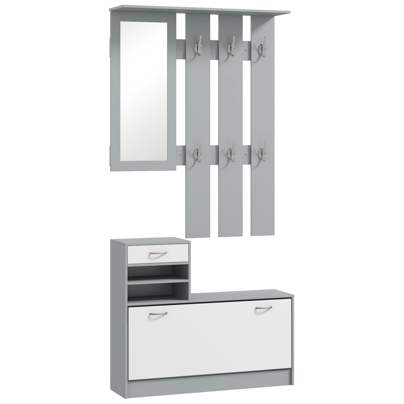 HOMCOM Modernes Flurmöbel-Set mit Schuhschrank und Spiegel, Garderobe mit 6 Haken, 2 verstellbaren Ablagen und Schubladen aus Holz für Flur, 90x10x91 cm, Weiß und Dunkelgrau Aosom – Bild 1 von 2