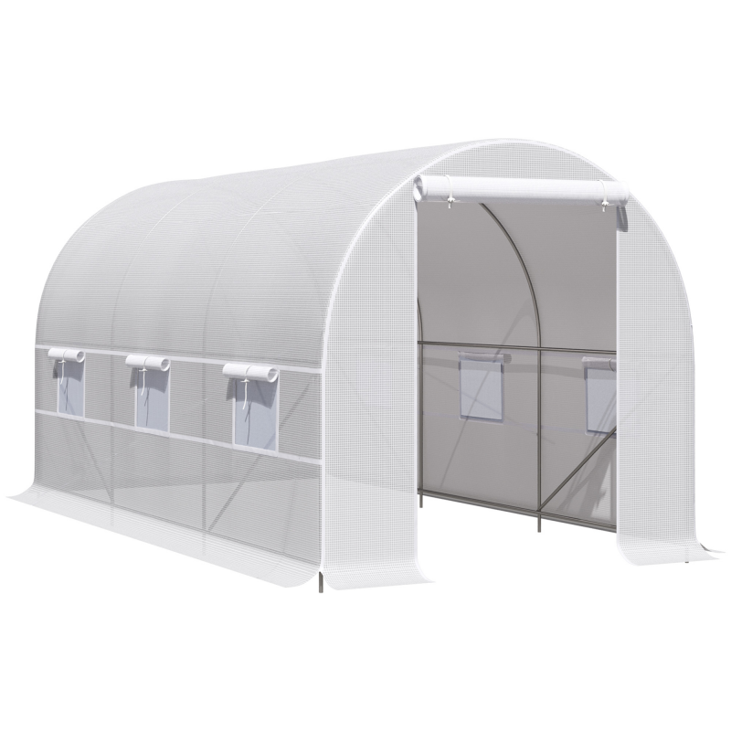 Outsunny Tunnel-Gewächshaus 8m², Tunnel-Gewächshaus 400 x 200 x 200 cm mit Tür und 6 Fenstern, für draußen, ganzjährig, Gemüse, Obst, Blumen, PE-Abdeckung hohe Dichte 140 g/m² weiß Aosom – Bild 1 von 2