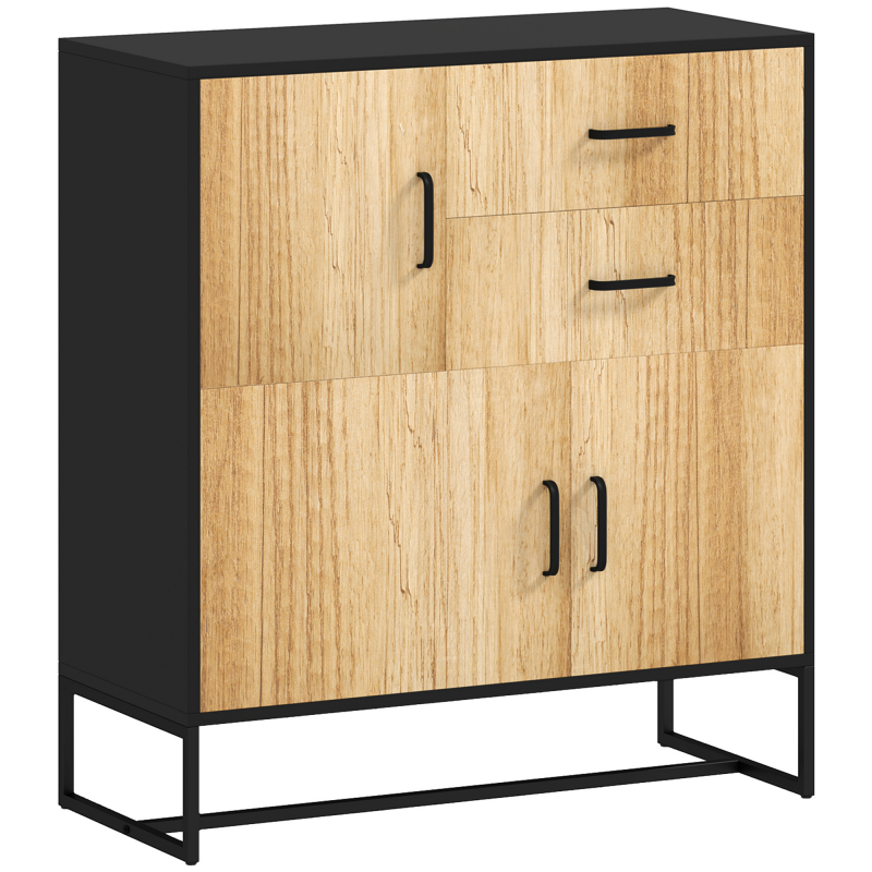 HOMCOM Moderne Kommode Aufbewahrungsschrank mit 3 Schränken und 2 Schubladen, Mehrzweckschrank aus Spanplatte und Stahl, 80x35x85 cm, Schwarz und Holzoptik Aosom – Bild 1 von 2