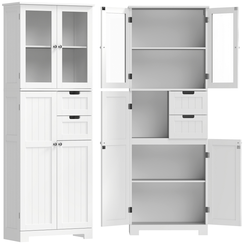 HOMCOM Hochschrank für Badezimmer, Aufbewahrungsschrank, Badschrank mit 4 Türen (davon 2 mit Glas), 2 Schubladen und verstellbaren Regalen, moderner Stil, für Wohn- und Schlafzimmer, 60x30x170 cm, Weiß Aosom – Bild 1 von 2