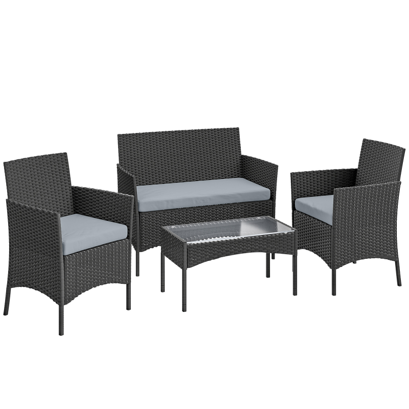 Outsunny Gartenlounge für 4 Personen, Polyrattan-Balkon-Set mit Sofas und Couchtisch aus gehärtetem Glas, abnehmbare Kissen inklusive, für Patio Balkon Terrasse, grau Aosom – Bild 1 von 2