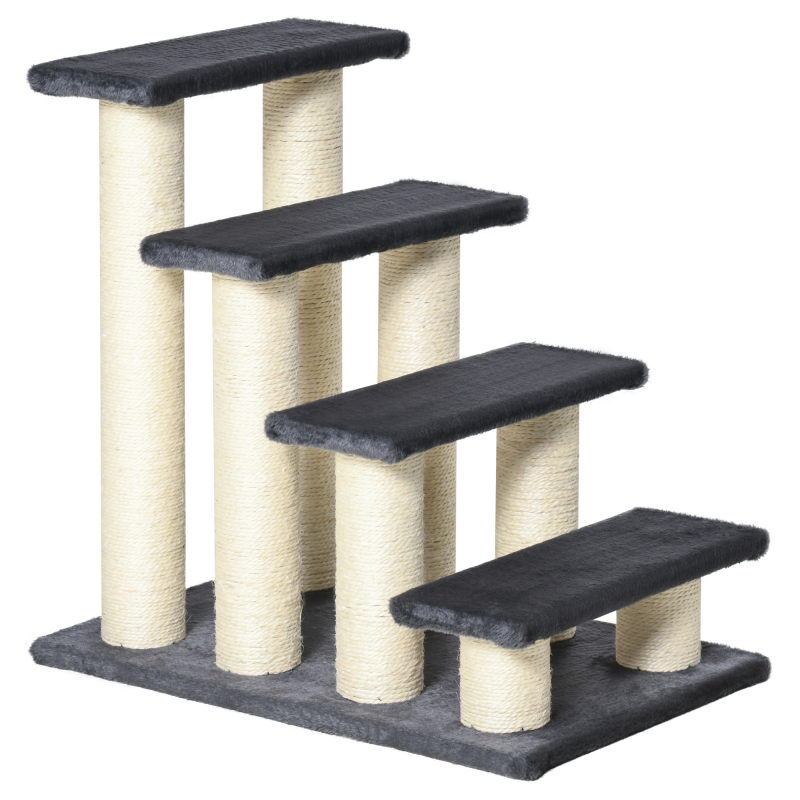 PawHut Tiertreppe 4-Stufen Hundetreppe & Kätzchentreppe, Weicher Plüsch, Grau, 60x40,5x59cm Aosom – Bild 1 von 2