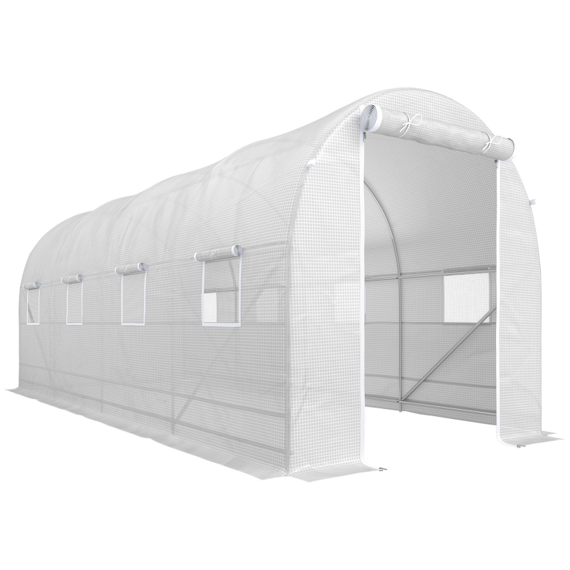 Outsunny Tunnelgewächshaus 5x2x2 m mit aufrollbaren Türen und Fenstern, Gewächshaus für Gemüsebeet mit 5 diagonalen Verstrebungen, Metallrahmen und PE-Abdeckung, für Gemüse, Obst, Blumen, Weiß Aosom – Bild 1 von 2
