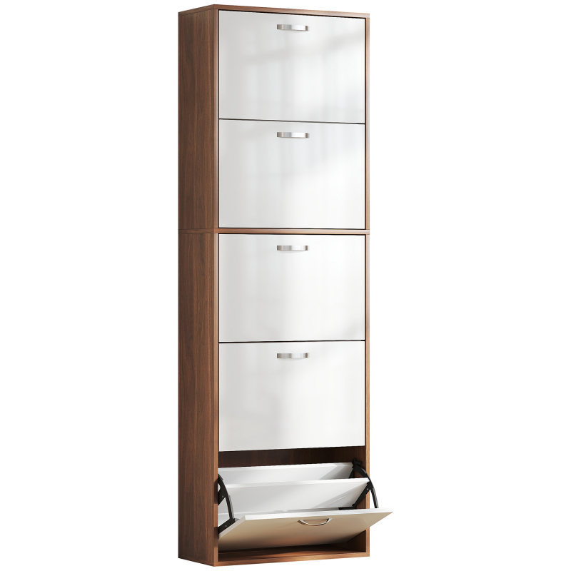 HOMCOM Schuhschrank Schuhmöbel Modernes Design 5 Klapptüren Zweifarbig Weiß/Dunkelbraun Holzoptik Aosom – Bild 1 von 2