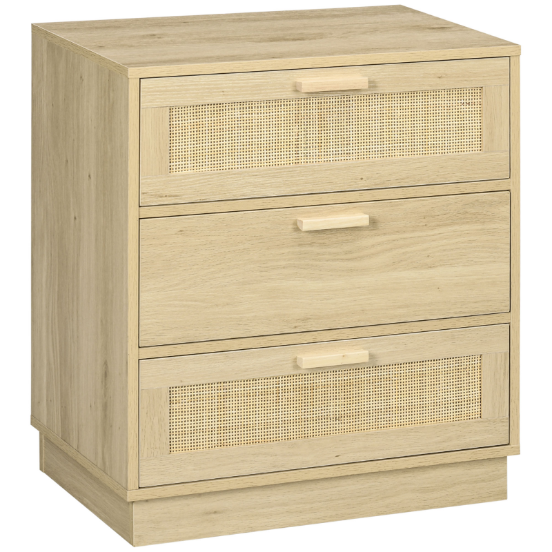 HOMCOM Kommode mit 3 Schubladen, Schlafzimmer-Aufbewahrungsmöbel im Boho-Stil mit Holzrahmen, Rattan-Kommode für Schlafzimmer, Wohnzimmer, Flur, Maße 60 x 38 x 69 cm, Naturholz Aosom – Bild 1 von 2
